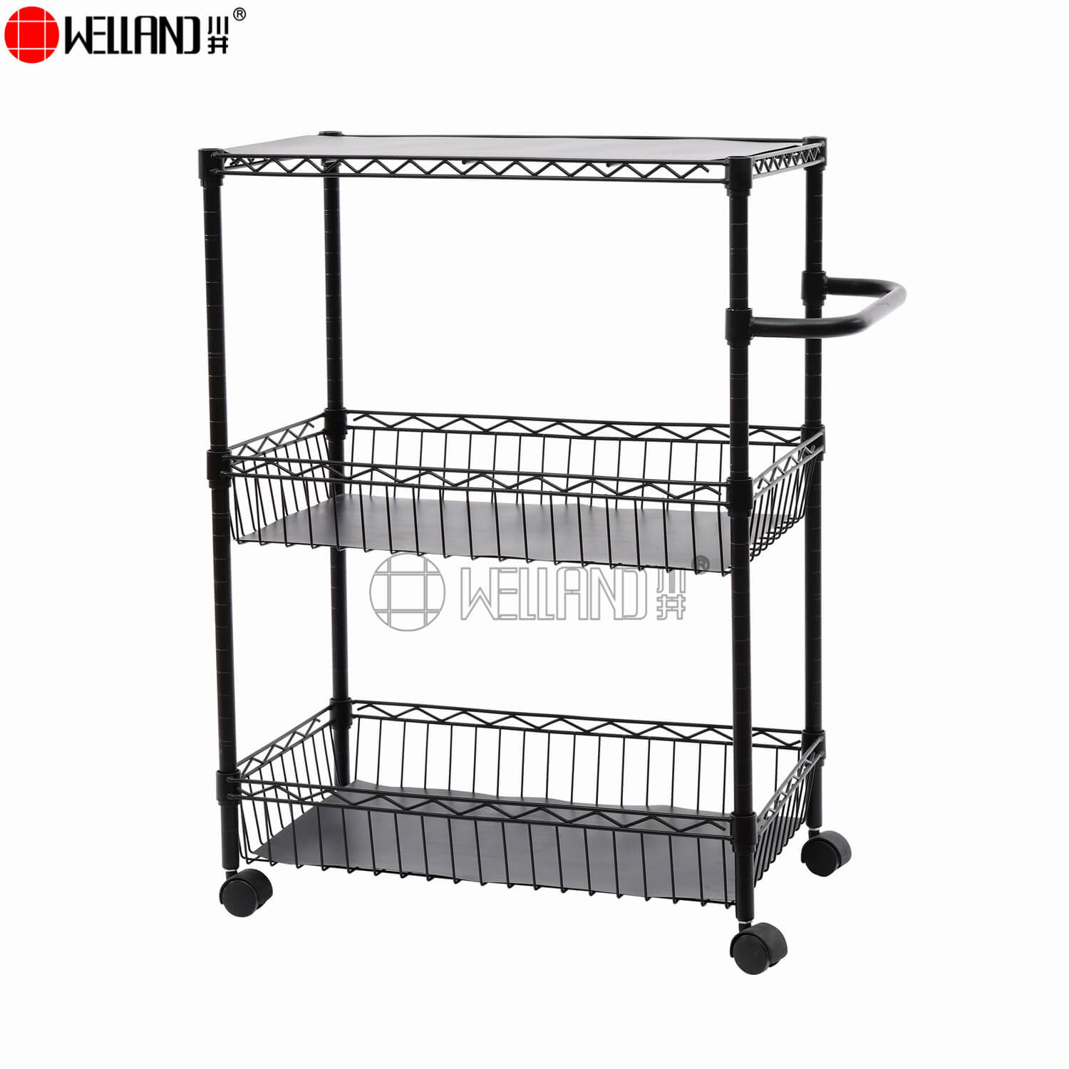 black 3-tier kitchen trolley with basket