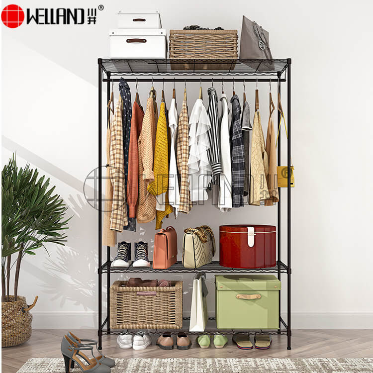 black garment rack with shelves