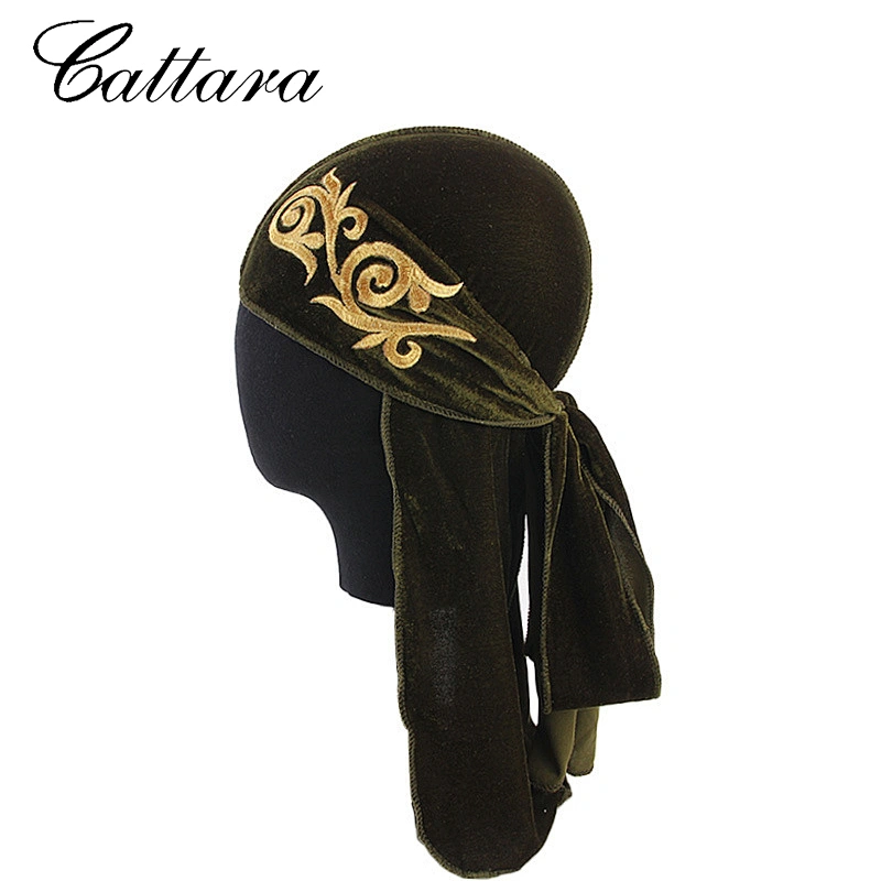 Chinese Style Gold Velvet Banded Turban Hat Long Tail Pirate Hat Velvet Durag