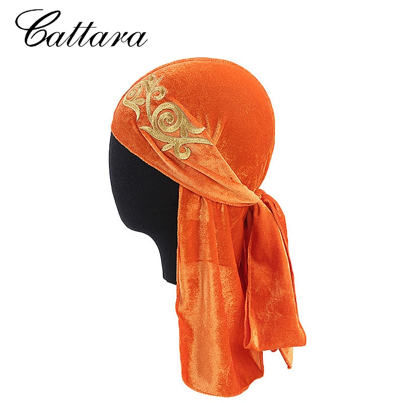 Chinese Style Gold Velvet Banded Turban Hat Long Tail Pirate Hat Velvet Durag