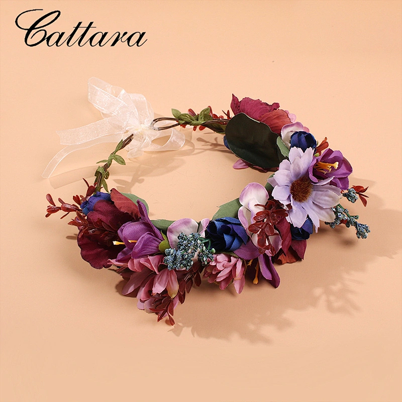 Fashion Elegant and Natural Handmade Flower Hair Wreath Headband Floral Garland Crown Headpiece With Ribbon