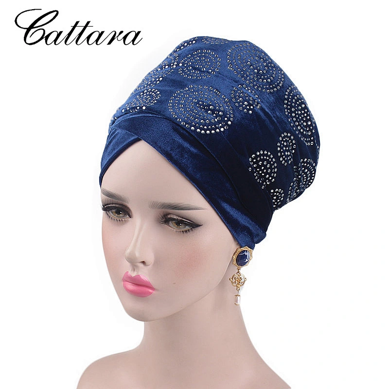New Style Velvet Circle Hot Rhinestone Velvet Turban Hat African Long Tail Wrap Head Hat Muslim Scarf Hat