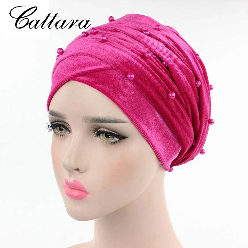 Explosive Foreign Trade Velvet Pearl Turban Hat Muslim Long Tail Hat Wrapped Head Scarf Hat