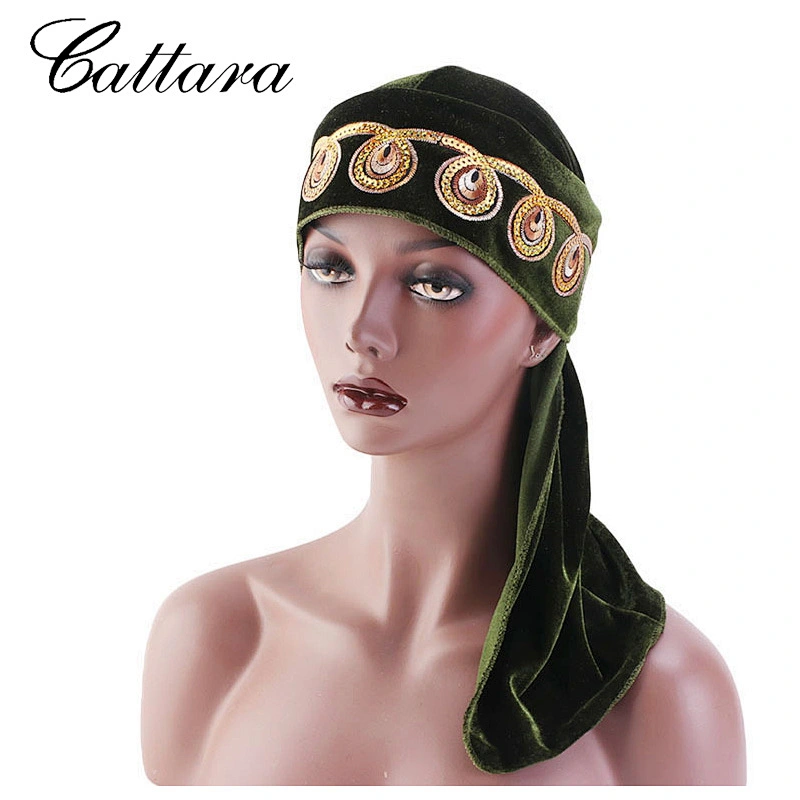 New Sequined Wave Flower Hot Rhinestone Velvet Pirate Hat Long Tail Turban Hat