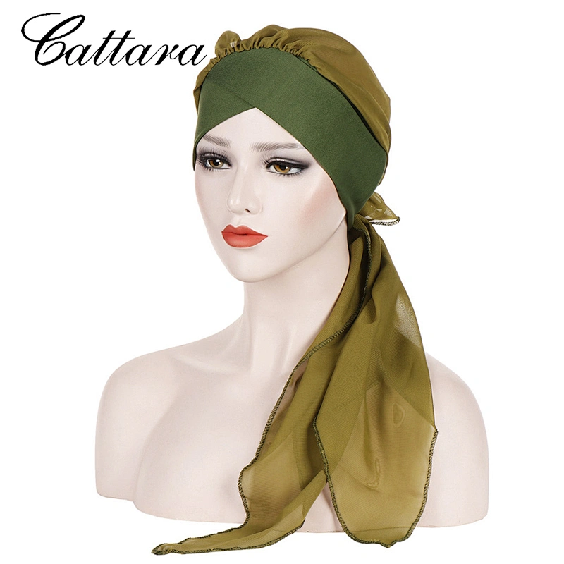 Forehead Cross Wrap Cap Pure Color Fashion Chiffon Long Tail Wrap Cap