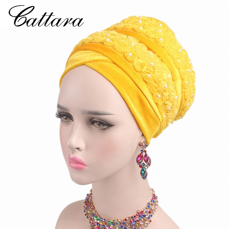 New Style Three-Dimensional Flower Beads Velvet Long Tail Turban Hat Women Muslim Head Wrap Scarf Hat