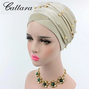 Explosive Foreign Trade Velvet Pearl Turban Hat Muslim Long Tail Hat Wrapped Head Scarf Hat