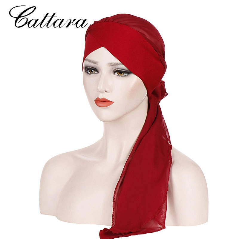 Forehead Cross Wrap Cap Pure Color Fashion Chiffon Long Tail Wrap Cap