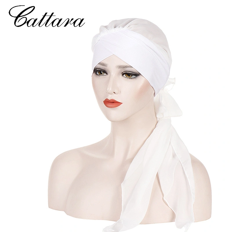 Forehead Cross Wrap Cap Pure Color Fashion Chiffon Long Tail Wrap Cap