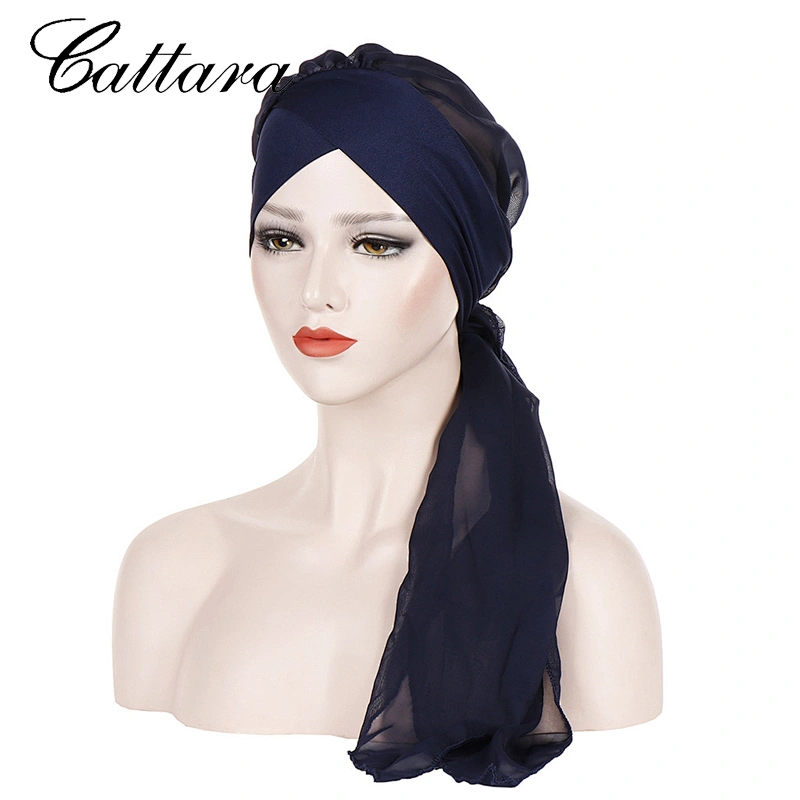 Forehead Cross Wrap Cap Pure Color Fashion Chiffon Long Tail Wrap Cap