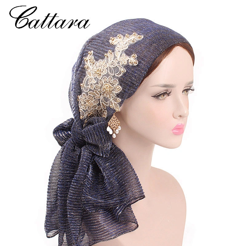 Muslim Bright Silk Pleated Turban Hat, Gold Starry Diamond Ladies Scarf Hat