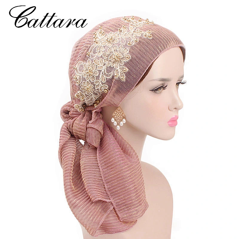 Muslim Bright Silk Pleated Turban Hat, Gold Starry Diamond Ladies Scarf Hat