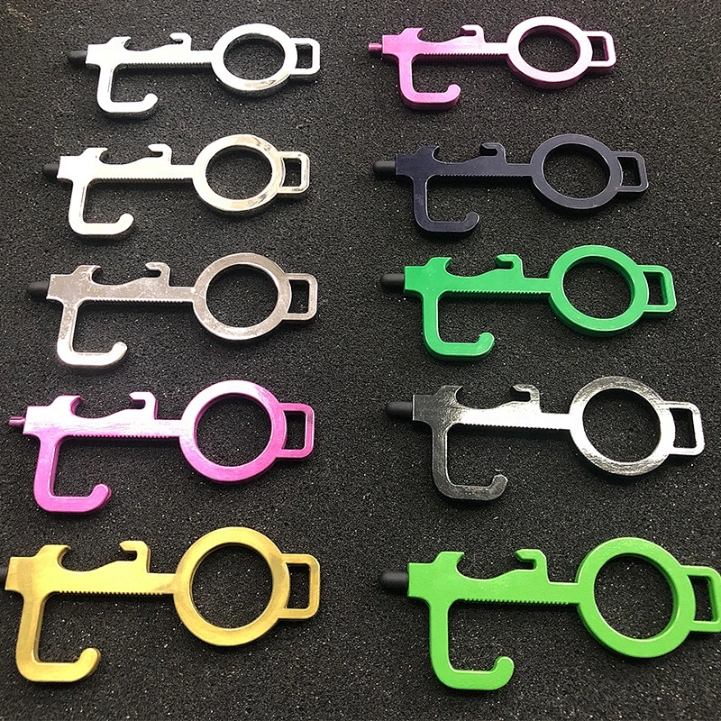 Factory wholesale EDC brass door opener/aluminum zinc alloy contactless tool custom metal keychain with touch pen bottle opener
