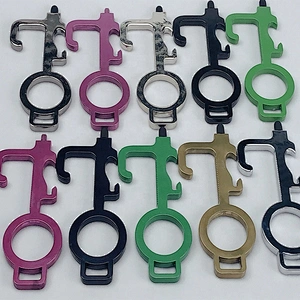Factory wholesale EDC brass door opener/aluminum zinc alloy contactless tool custom metal keychain with touch pen bottle opener