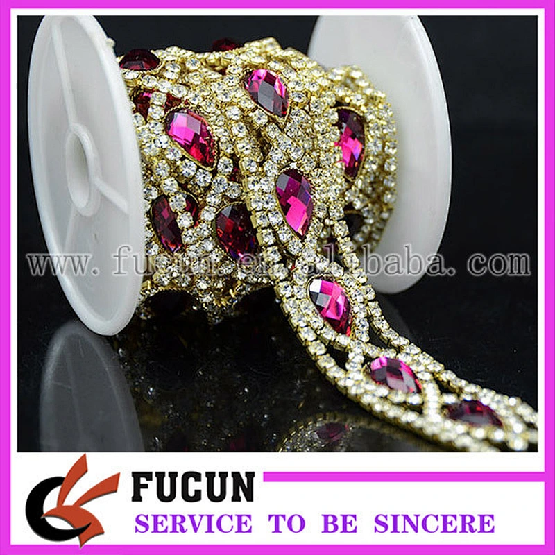 Gold Metal Crystal Rhinestone Chain Fuchsia Drop shaped Costume Trim Sewing Applique