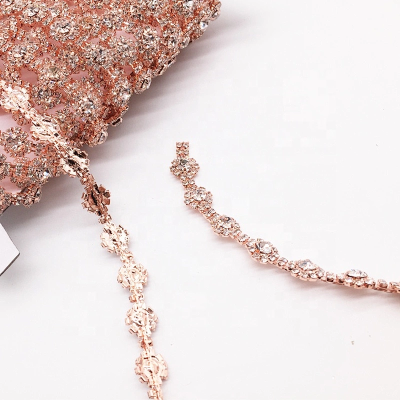 Fashion Rose Gold Rhinestone Crystal Clear Rhinestone Chain Trimmings For Bridal Dress Decoration