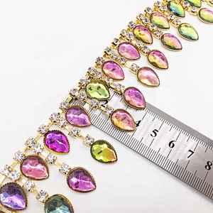 Sew on water drop resin rhinestone pendant chain trimming for bridal dress clothing garment