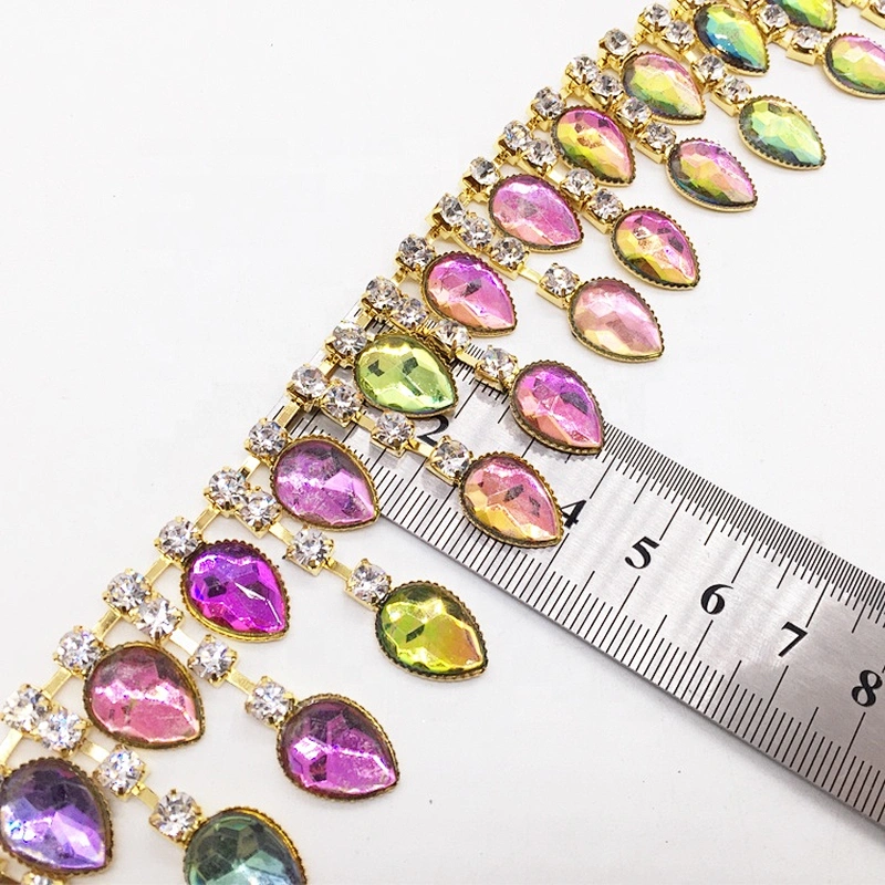 Sew on water drop resin rhinestone pendant chain trimming for bridal dress clothing garment