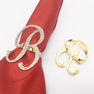 Metal crystal napkin rings gold plated alphabet rhinestone napkin ring for customs
