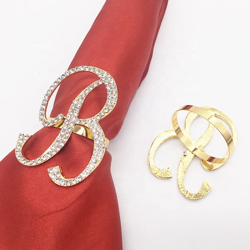 Metal crystal napkin rings gold plated alphabet rhinestone napkin ring for customs