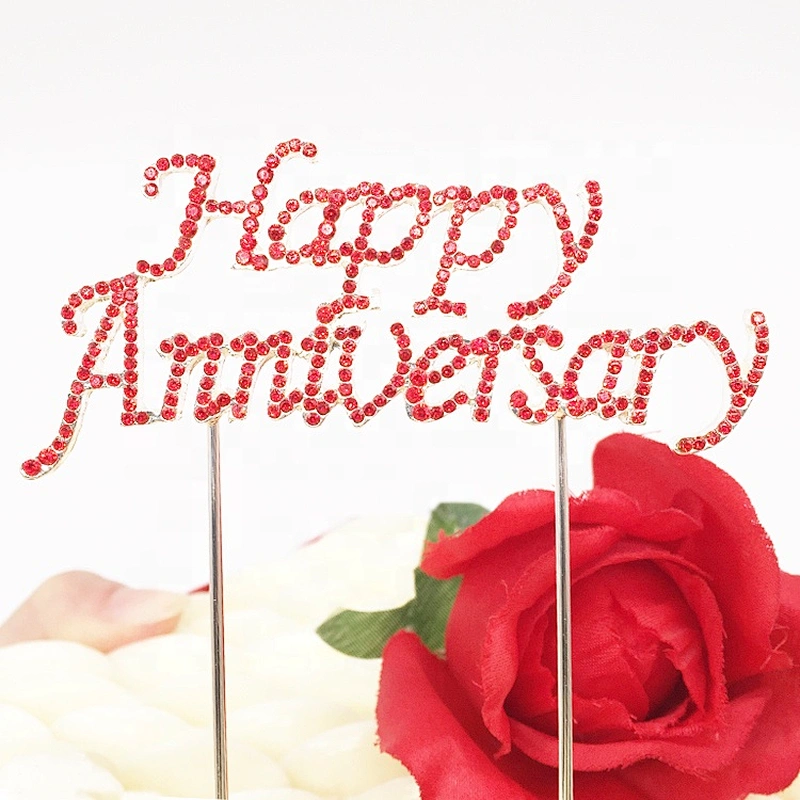 Factory Party Decoration Red Rhinestone Material Happy Anniversary Cake Topper