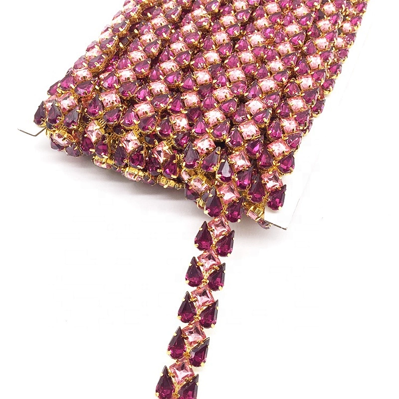 2020 New Design Mix Colour Purple Acrylic Rhinestone Lace Fabric Trim for Sewing Clothes