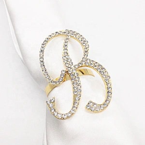 Metal crystal napkin rings gold plated alphabet rhinestone napkin ring for customs