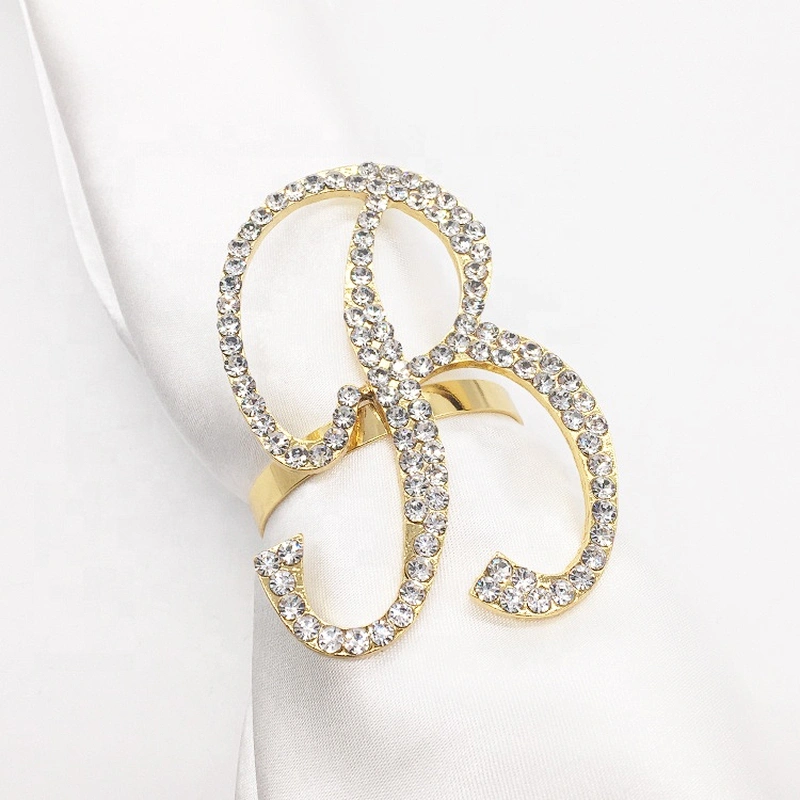 Metal crystal napkin rings gold plated alphabet rhinestone napkin ring for customs
