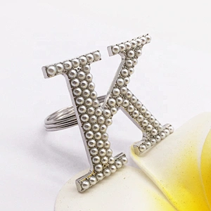 2020 New Custom Fashion Alloy Metal Type Initial Letter K Pearl Rhinestone Stock Napkin Ring