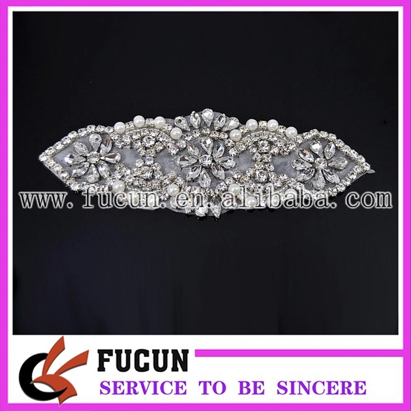 Crystal Rhinestone Floral Applique Silver Patch DIY Bridal SASH
