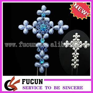 7'' blue Pearl Diamante Bling Religious Cross Cake Topper - Baptism / Christening