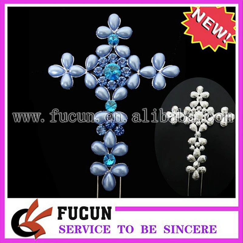7'' blue Pearl Diamante Bling Religious Cross Cake Topper - Baptism / Christening