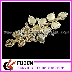 Gold base crystal beaded motif rhinestone applique for bridal