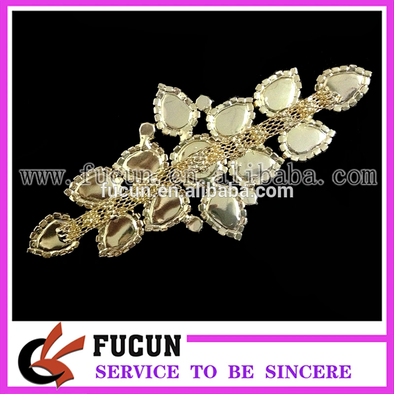 Gold base crystal beaded motif rhinestone applique for bridal