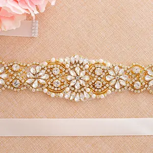 Sparkle gold Crystal Rhinestone Applique with Pearls for Bridal Belt Wedding Dress Garters Headpieces