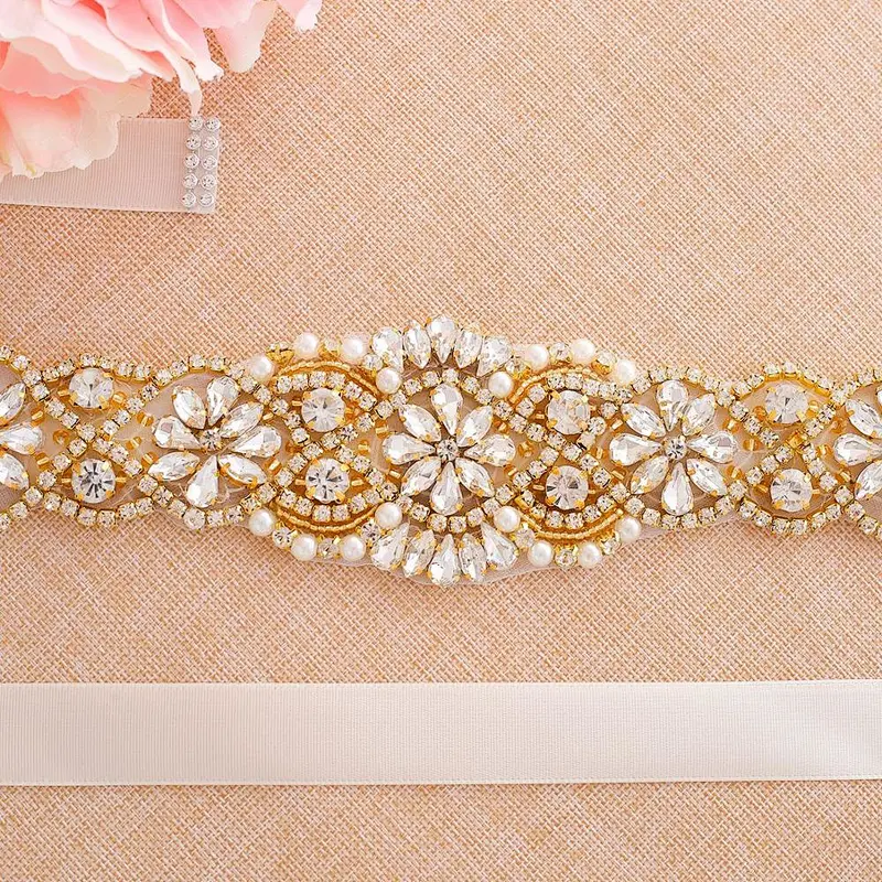 Sparkle gold Crystal Rhinestone Applique with Pearls for Bridal Belt Wedding Dress Garters Headpieces