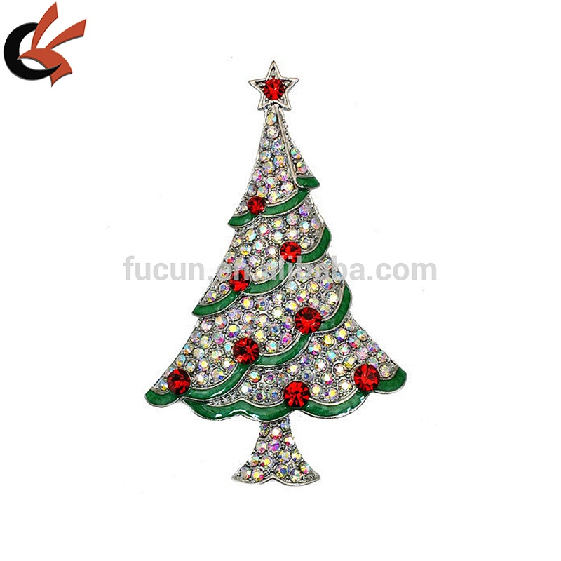Vintage Gold silver green Enamel & Rhinestone Christmas Tree Brooch Pin