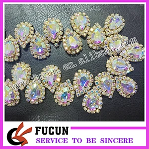 Bridal Show Costume Applique AB Clear Glass Rhinestone GOLD Chain Trim