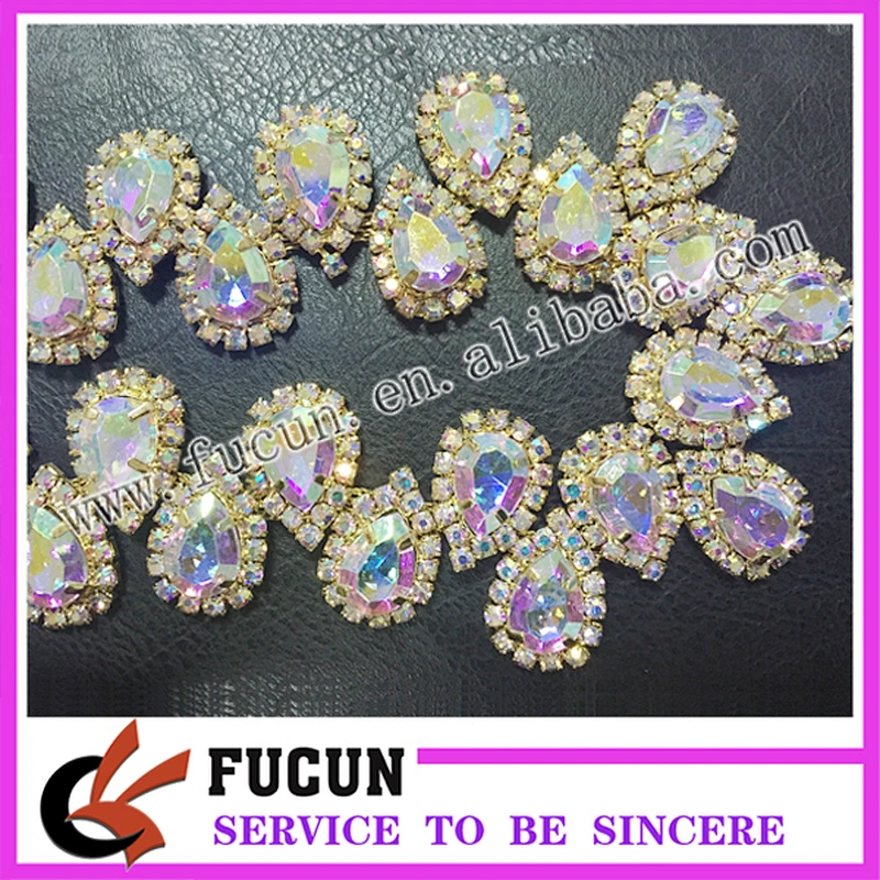 Bridal Show Costume Applique AB Clear Glass Rhinestone GOLD Chain Trim
