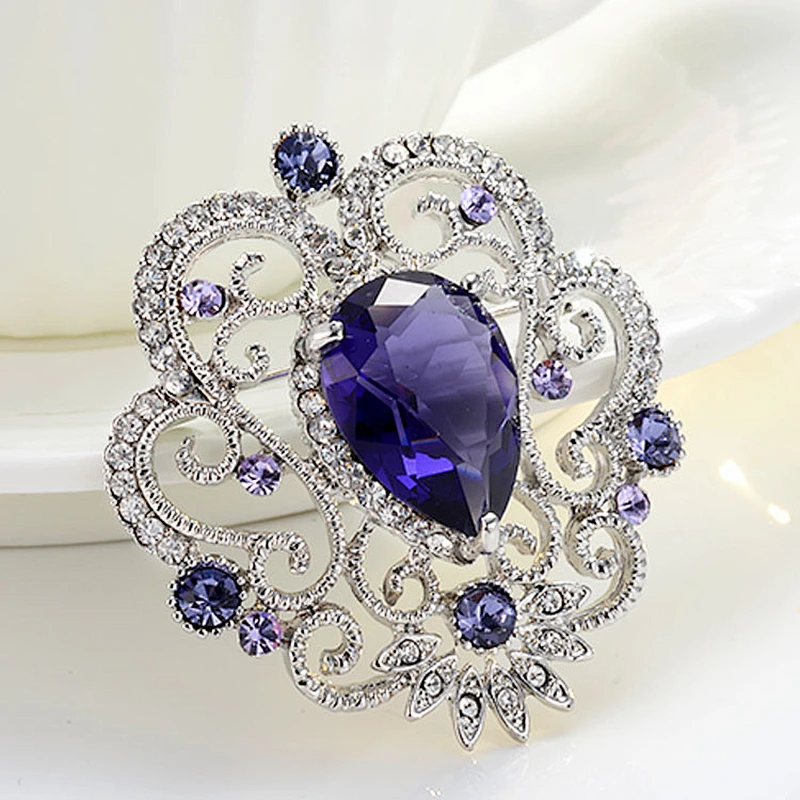custom fashion jewelry purple rhinestone brooch with pin wedding