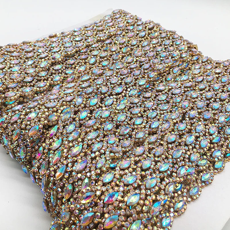 2019 fashion bulk gold plating AB stone rhinestone trimming by yard for garment