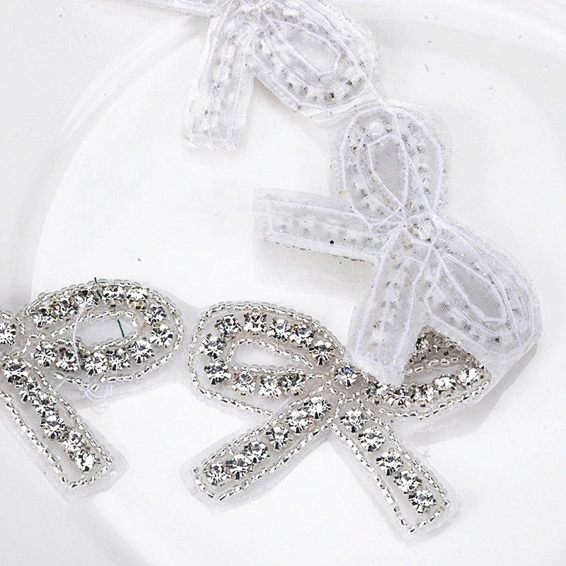 iron on silver beaded bowknot crystal rhinestone hotfix trim applique for bridal dress motif