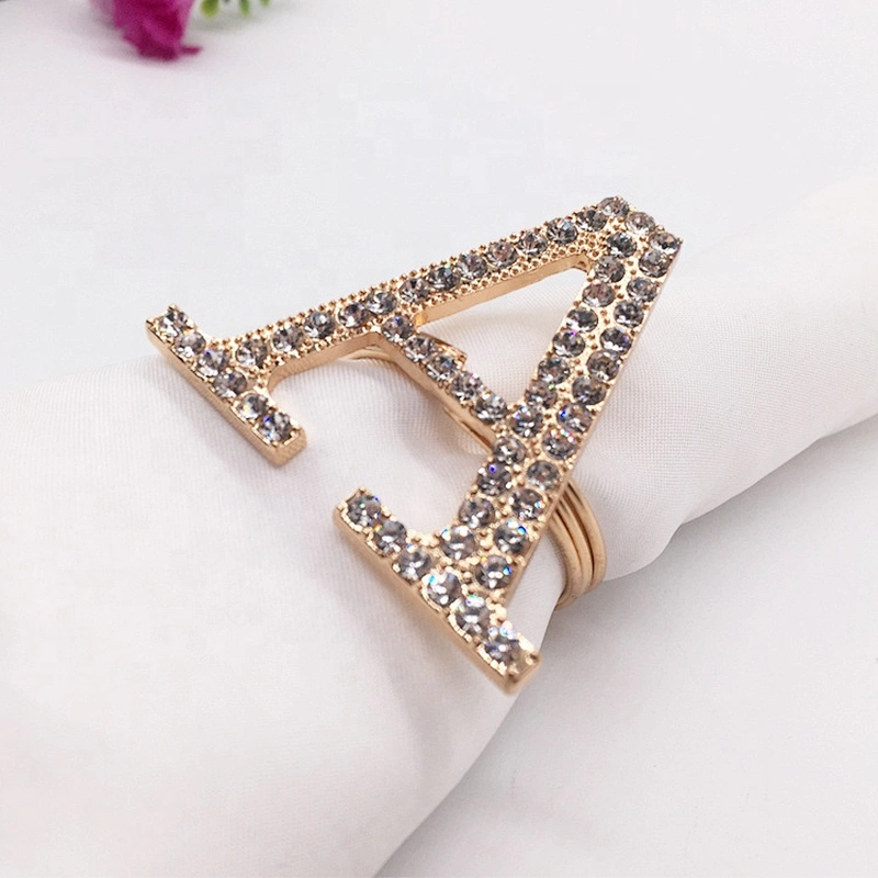 Customized fancy wedding table decoration accessories rhinestone gold metal letter napkin ring