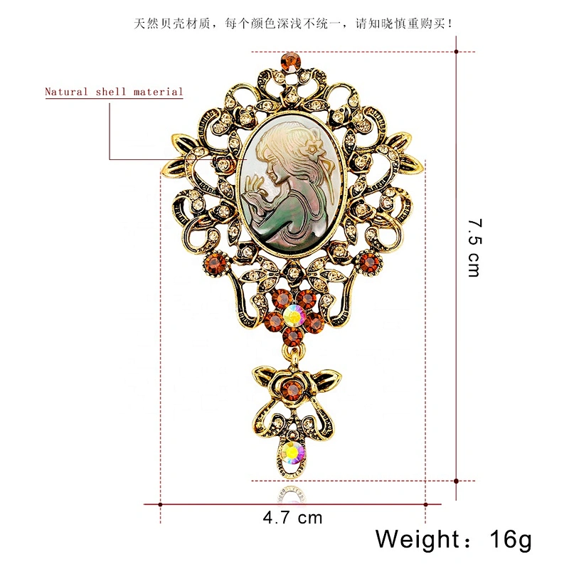 New arrival!! Vintage Style Shell Lady Head Brooch Antique Gold Brooch