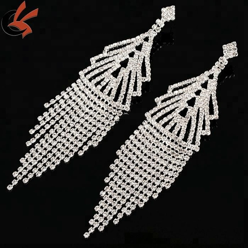 Diamante Rhinestone Long Tassel Earrings Dangle large Earrings Women Wedding Bridal Earrings