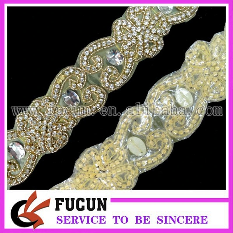 yellow plastic bead gold plating clear rhinestone applique sash for wedding dress