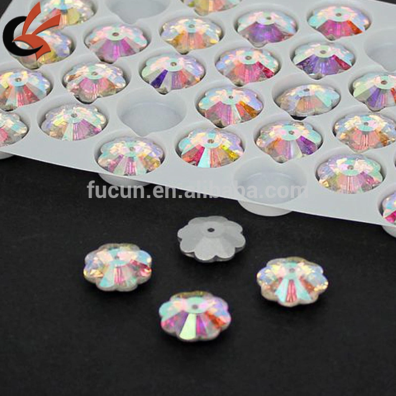 Flatback Plum Flower Shape Sew On Glass AB one Hole Crystal Rhinestone Silver