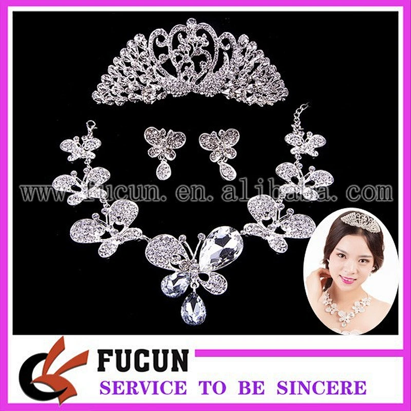 Alloy Silver Plated Rhinestone butterfly glass Necklace, Earrings,crown Bridal Wedding Jewelry Set