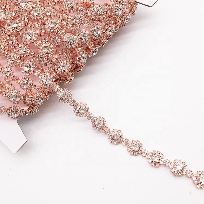 Fashion Rose Gold Rhinestone Crystal Clear Rhinestone Chain Trimmings For Bridal Dress Decoration