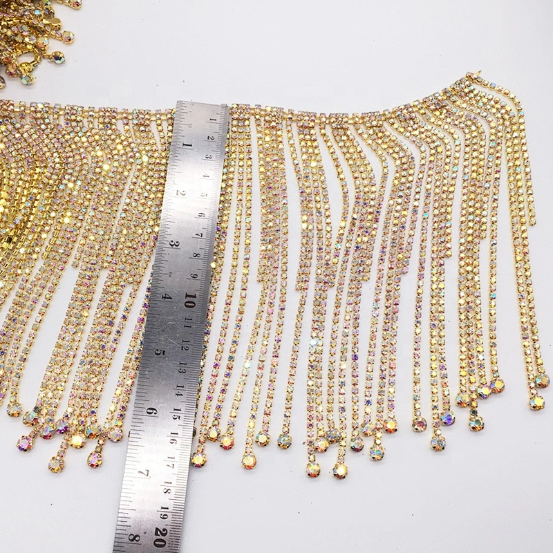 China factory fashion latin dance dress gold long pattern rhinestone pendant trims chain
